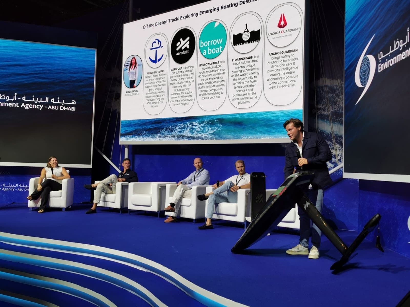 Sebastian Herrig presenting the Aerofoils eFoil on a panel in Abu Dhabi